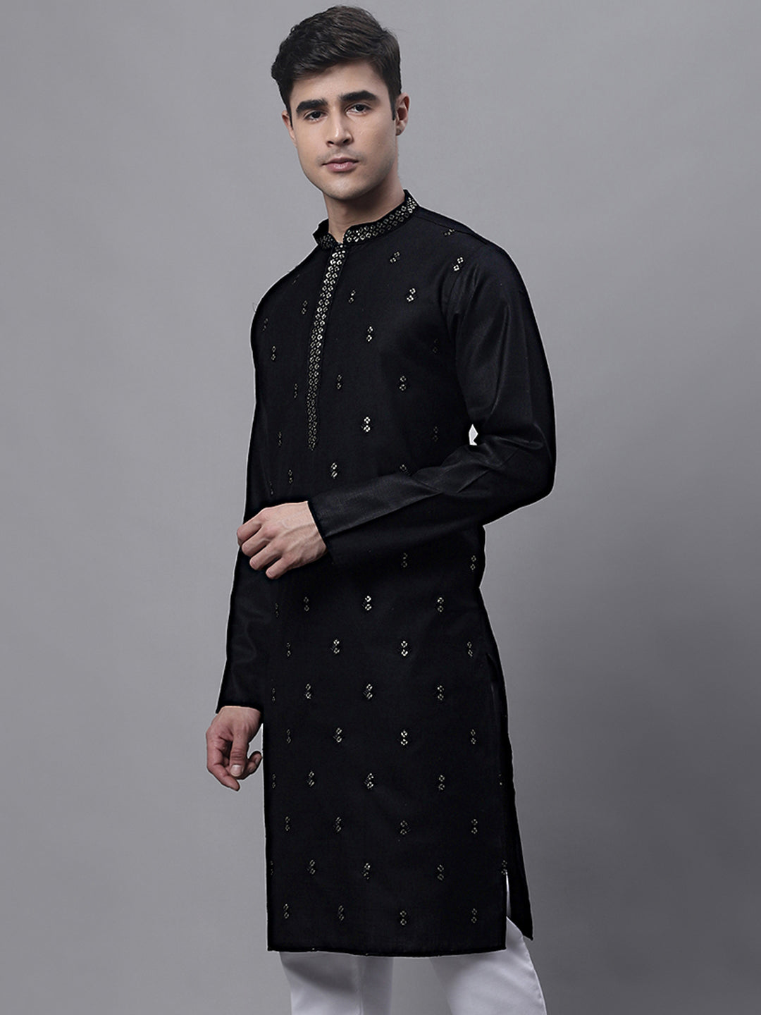 Jompers Men's Black Embroidered Straight Kurta
