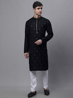 Jompers Men's Black Embroidered Straight Kurta