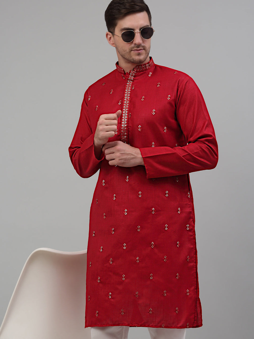 Jompers Men's Maroon Embroidered Straight Kurta Only