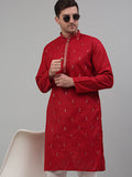 Jompers Men's Maroon Embroidered Straight Kurta Only