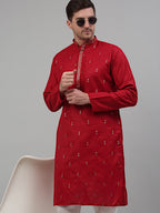 Jompers Men's Maroon Embroidered Straight Kurta Only
