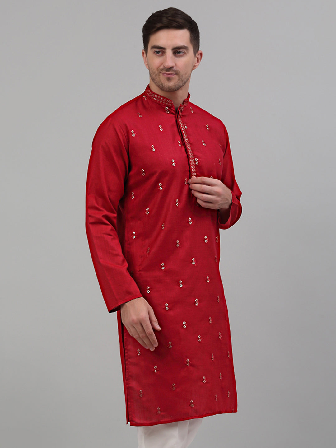 Jompers Men's Maroon Embroidered Straight Kurta Only