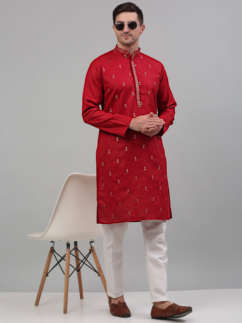 Jompers Men's Maroon Embroidered Straight Kurta Only