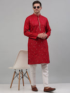 Jompers Men's Maroon Embroidered Straight Kurta Only