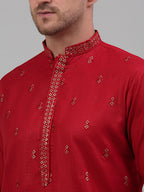 Jompers Men's Maroon Embroidered Straight Kurta Only