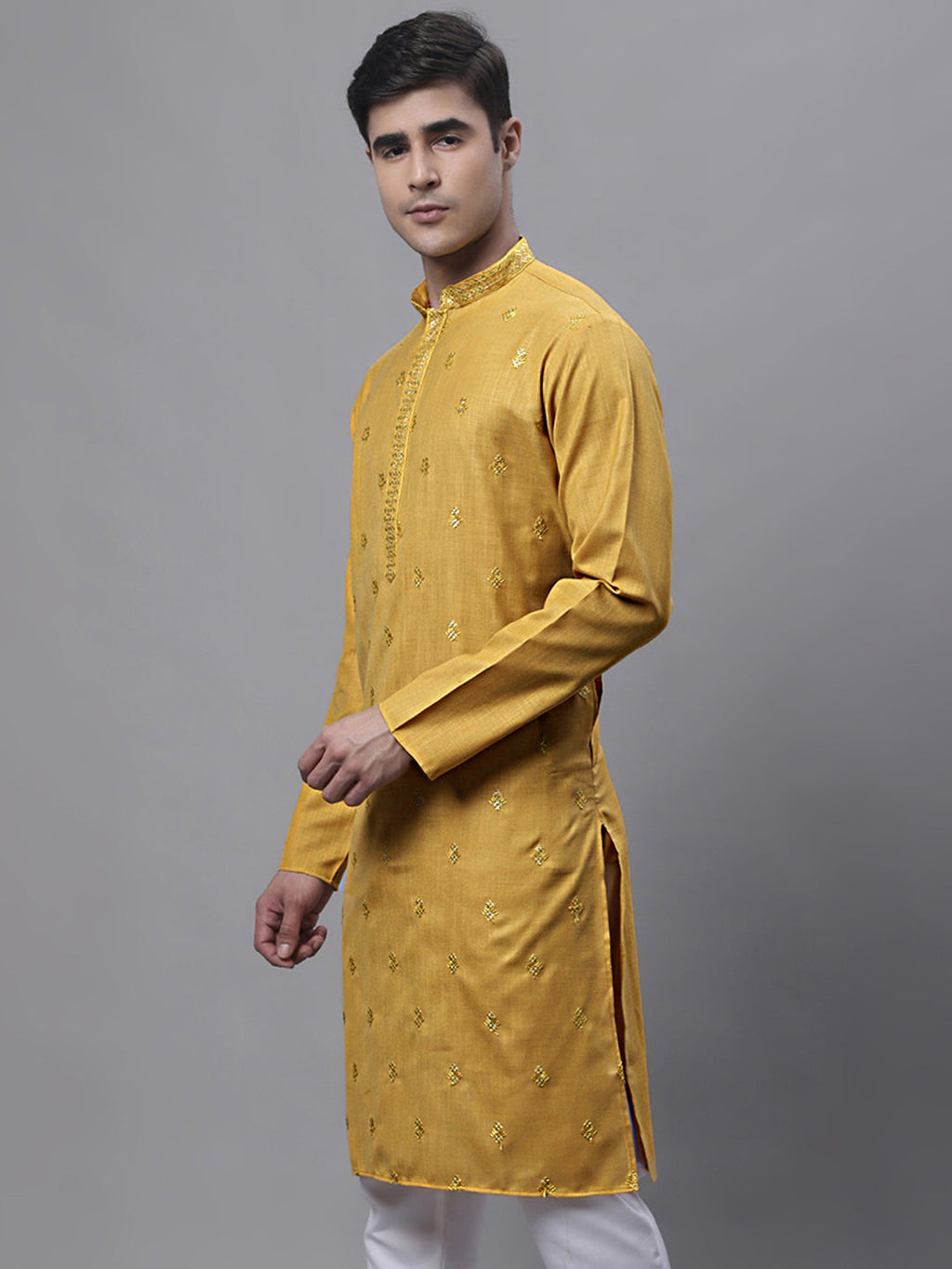 Jompers Men's Mustard Embroidered Straight Kurta