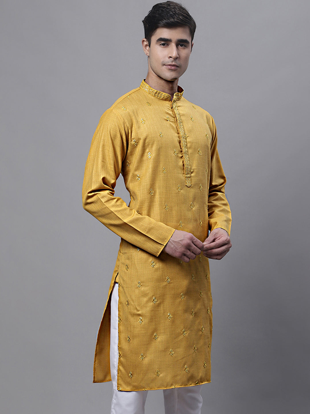 Jompers Men's Mustard Embroidered Straight Kurta