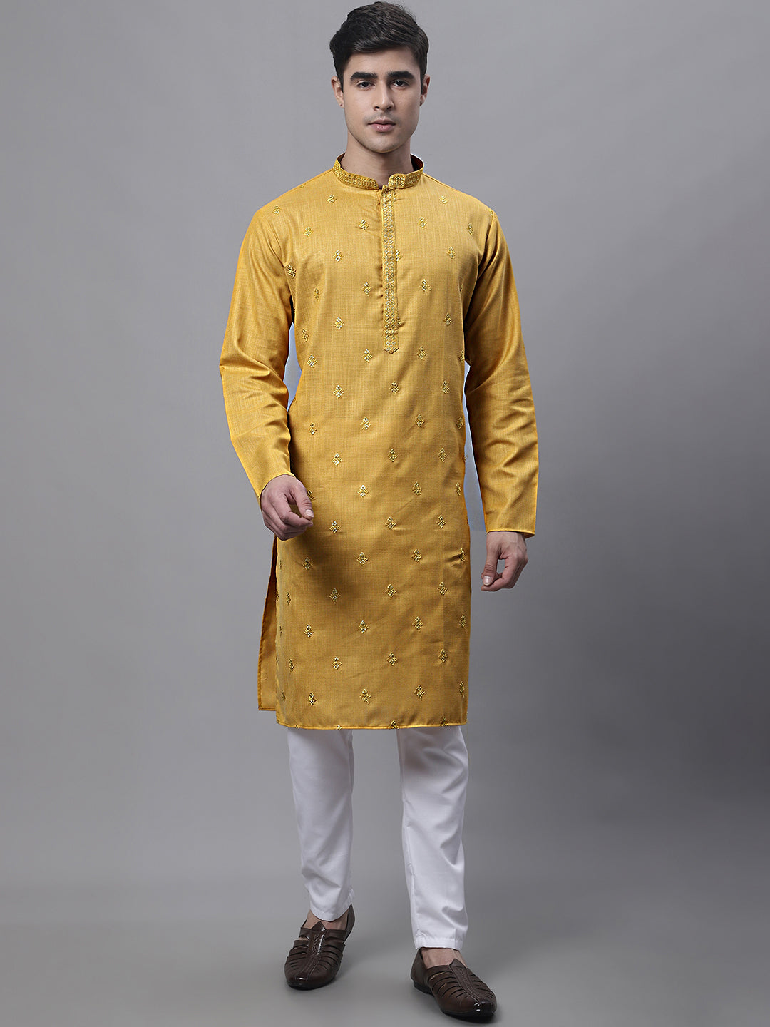 Jompers Men's Mustard Embroidered Straight Kurta