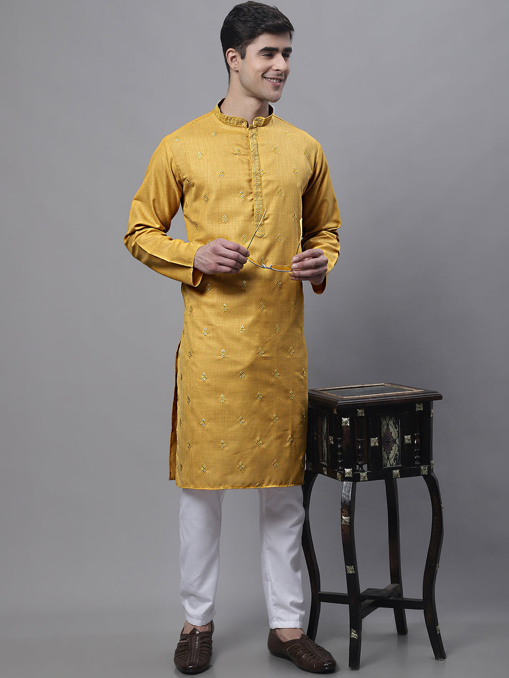 Jompers Men's Mustard Embroidered Straight Kurta