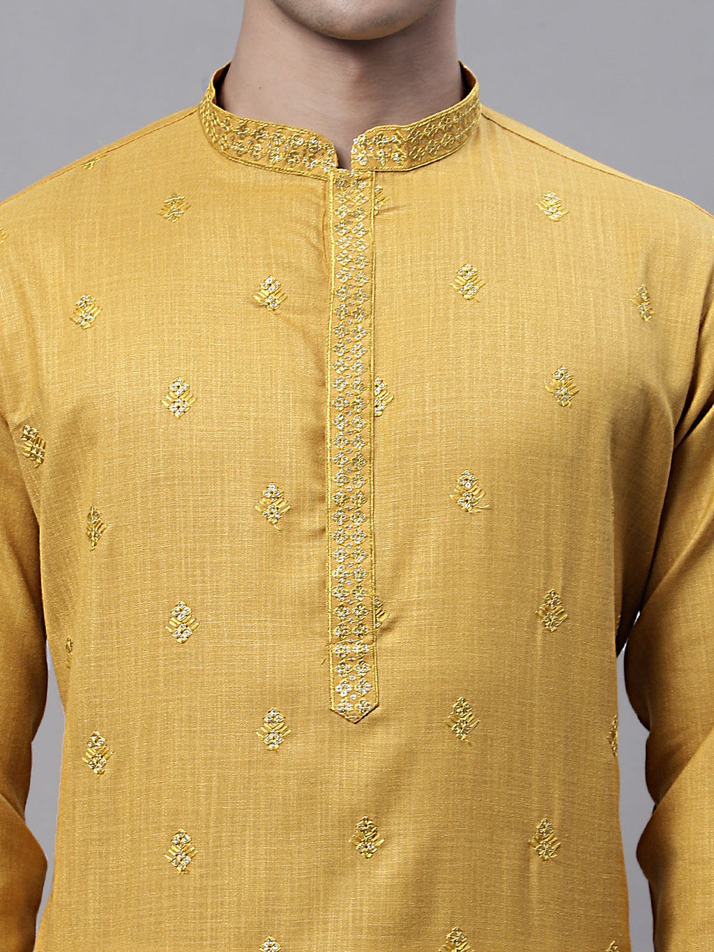 Jompers Men's Mustard Embroidered Straight Kurta
