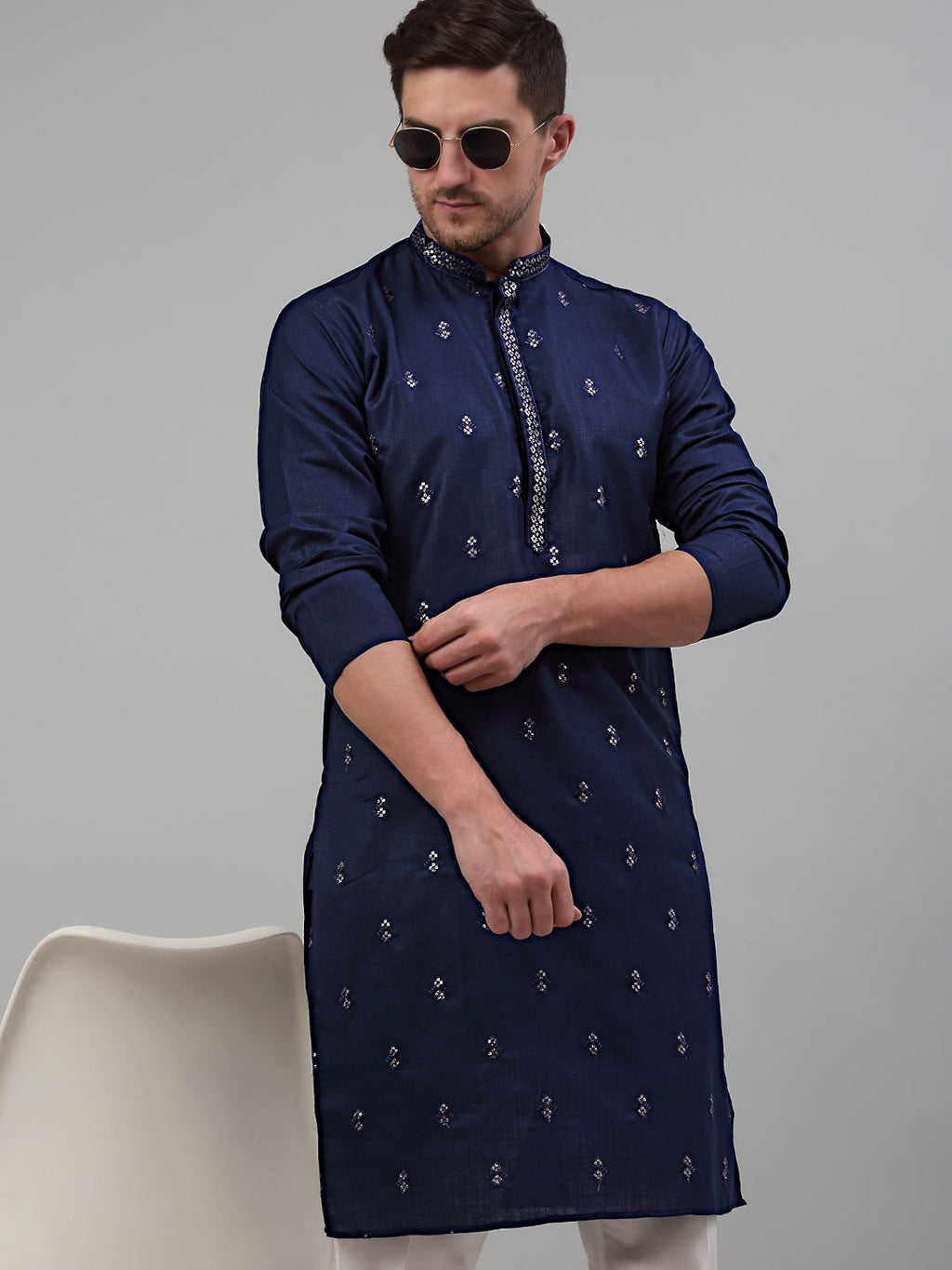 Jompers Men's Navy Blue Embroidered Straight Kurta Only