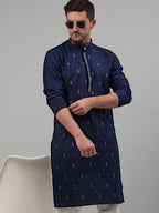 Jompers Men's Navy Blue Embroidered Straight Kurta Only