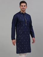 Jompers Men's Navy Blue Embroidered Straight Kurta Only