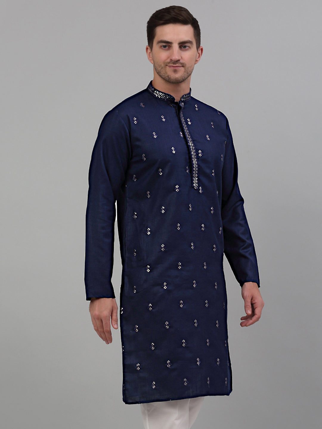 Jompers Men's Navy Blue Embroidered Straight Kurta Only