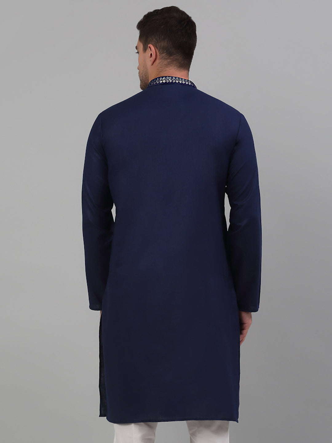 Jompers Men's Navy Blue Embroidered Straight Kurta Only