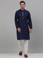 Jompers Men's Navy Blue Embroidered Straight Kurta Only