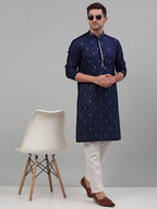 Jompers Men's Navy Blue Embroidered Straight Kurta Only