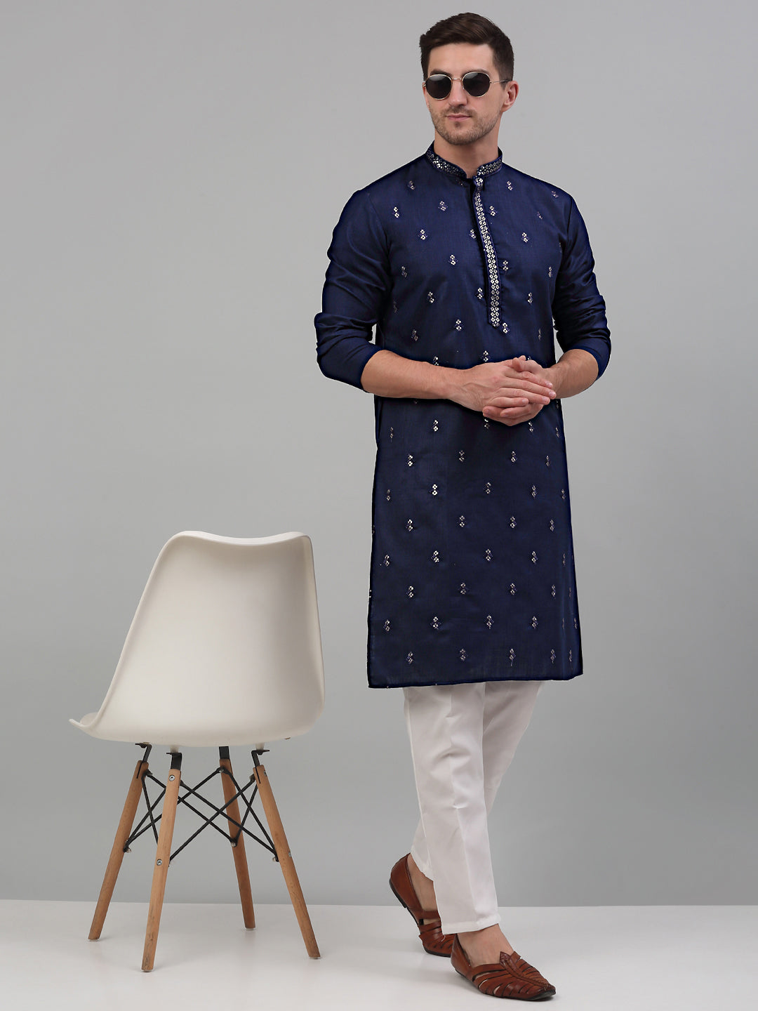 Jompers Men's Navy Blue Embroidered Straight Kurta Only