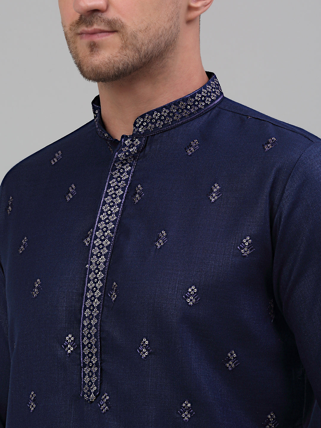 Jompers Men's Navy Blue Embroidered Straight Kurta Only
