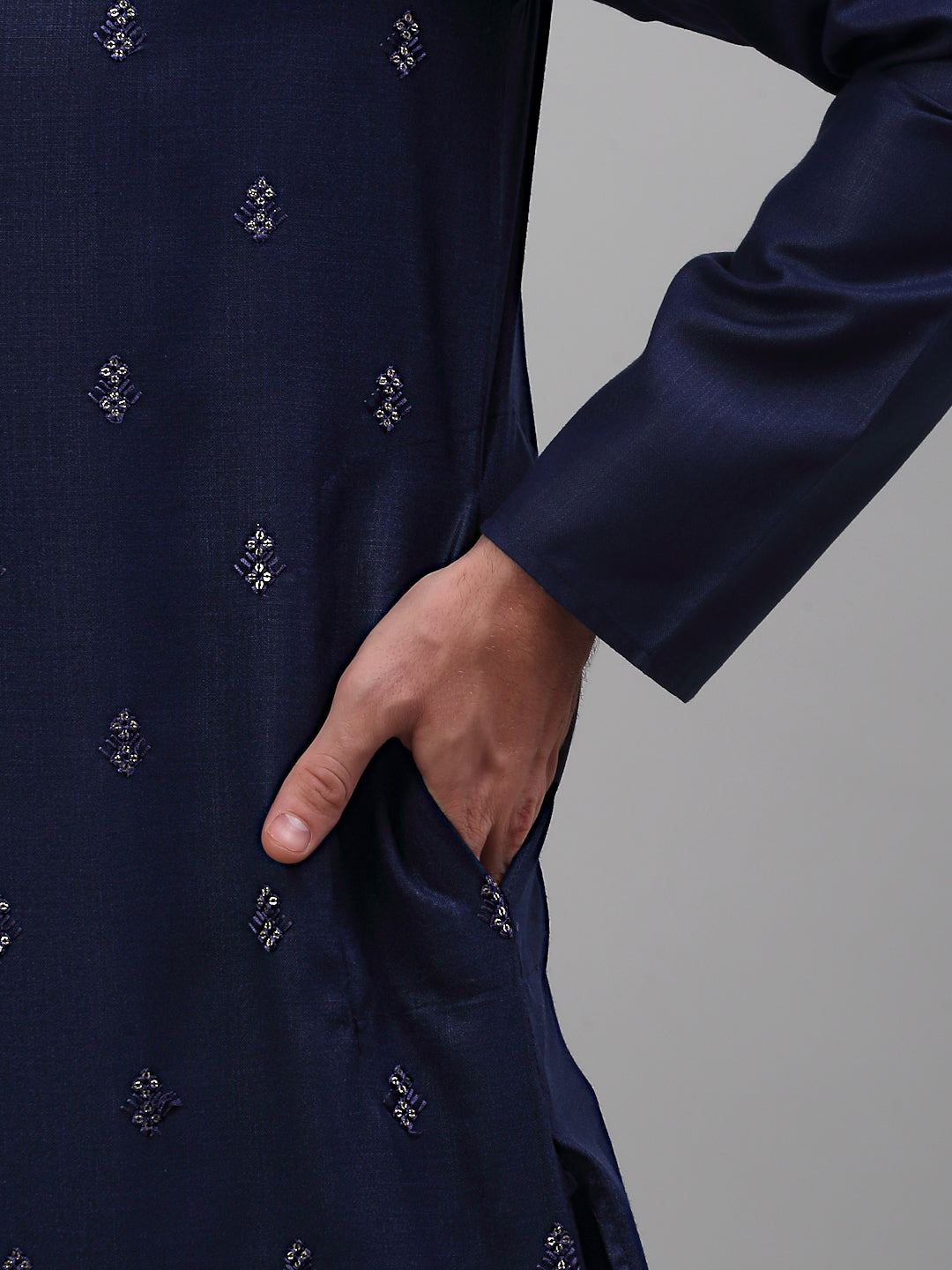 Jompers Men's Navy Blue Embroidered Straight Kurta Only