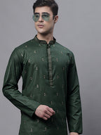 Jompers Men's Olive Green Embroidered Straight Kurta