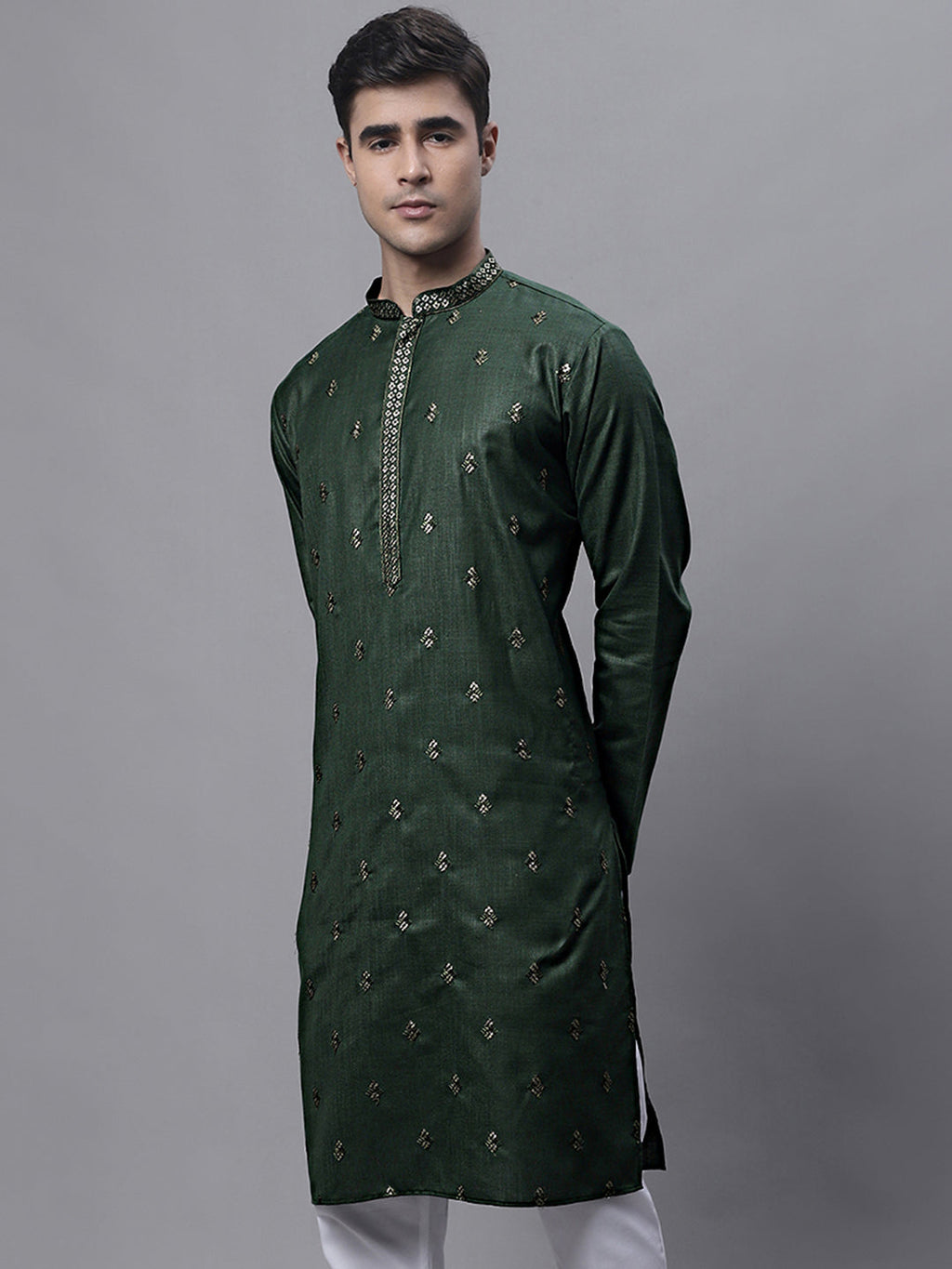 Jompers Men's Olive Green Embroidered Straight Kurta