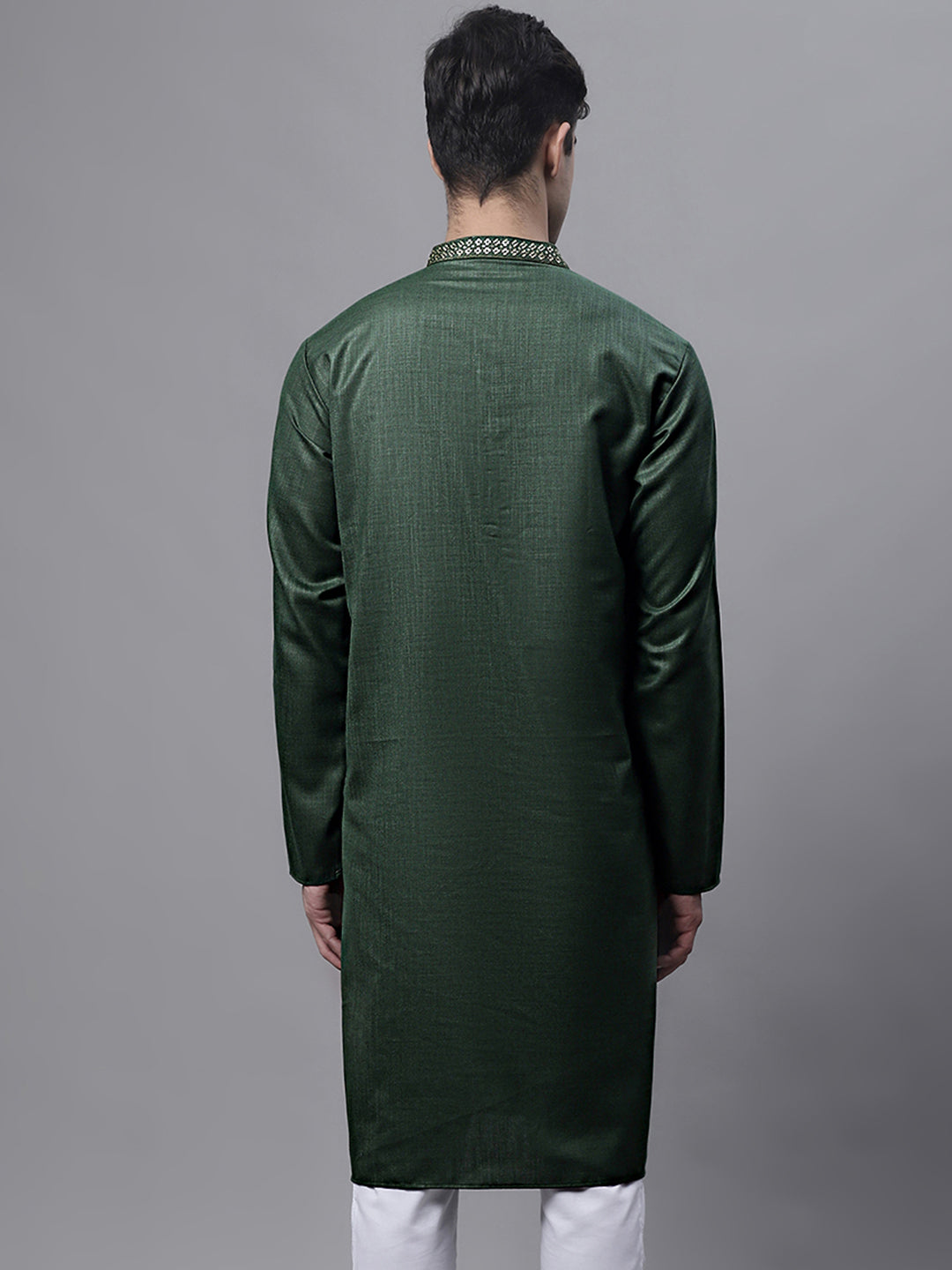 Jompers Men's Olive Green Embroidered Straight Kurta