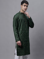 Jompers Men's Olive Green Embroidered Straight Kurta