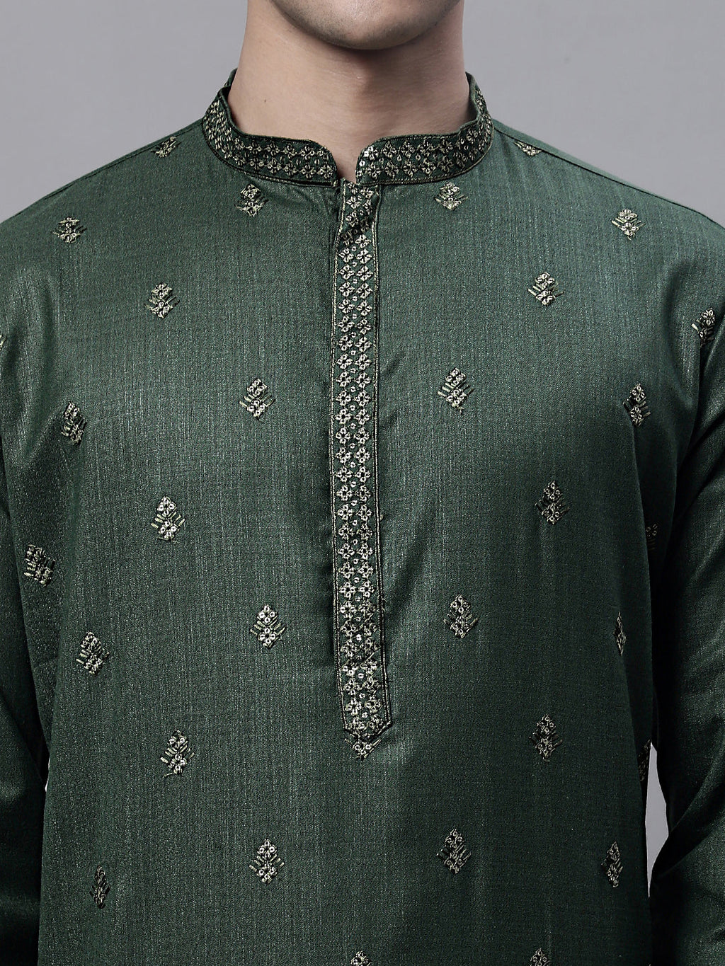Jompers Men's Olive Green Embroidered Straight Kurta