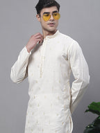 Jompers Men's White Embroidered Straight Kurta