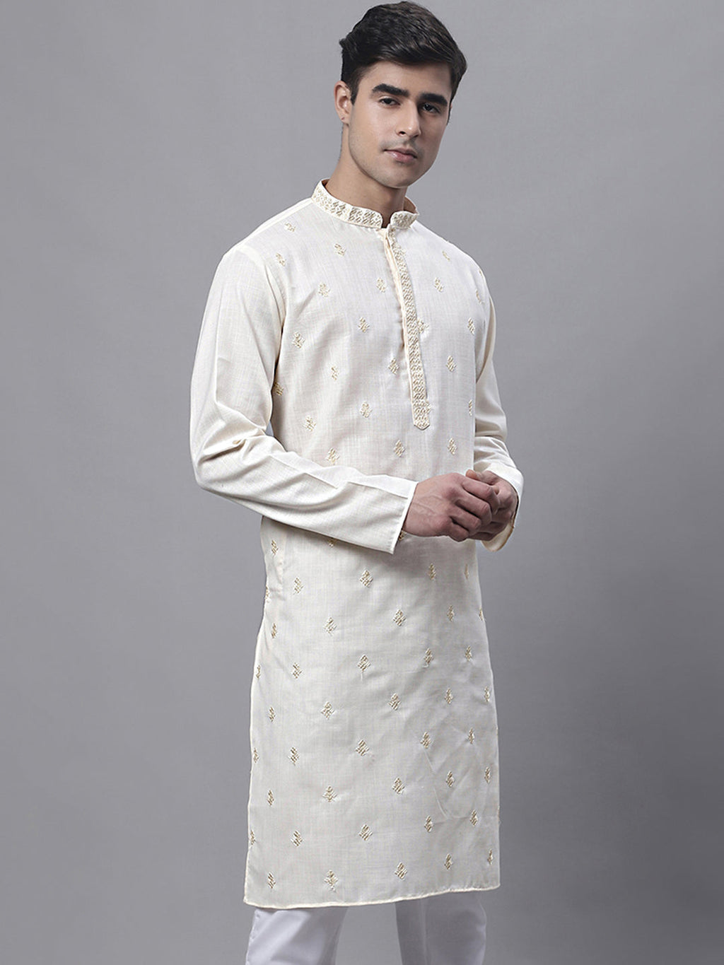 Jompers Men's White Embroidered Straight Kurta