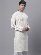 Jompers Men's White Embroidered Straight Kurta