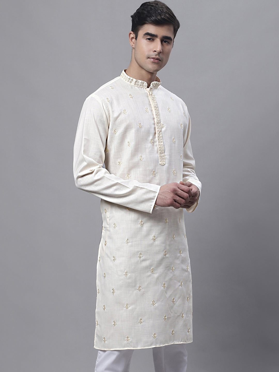Jompers Men's White Embroidered Straight Kurta