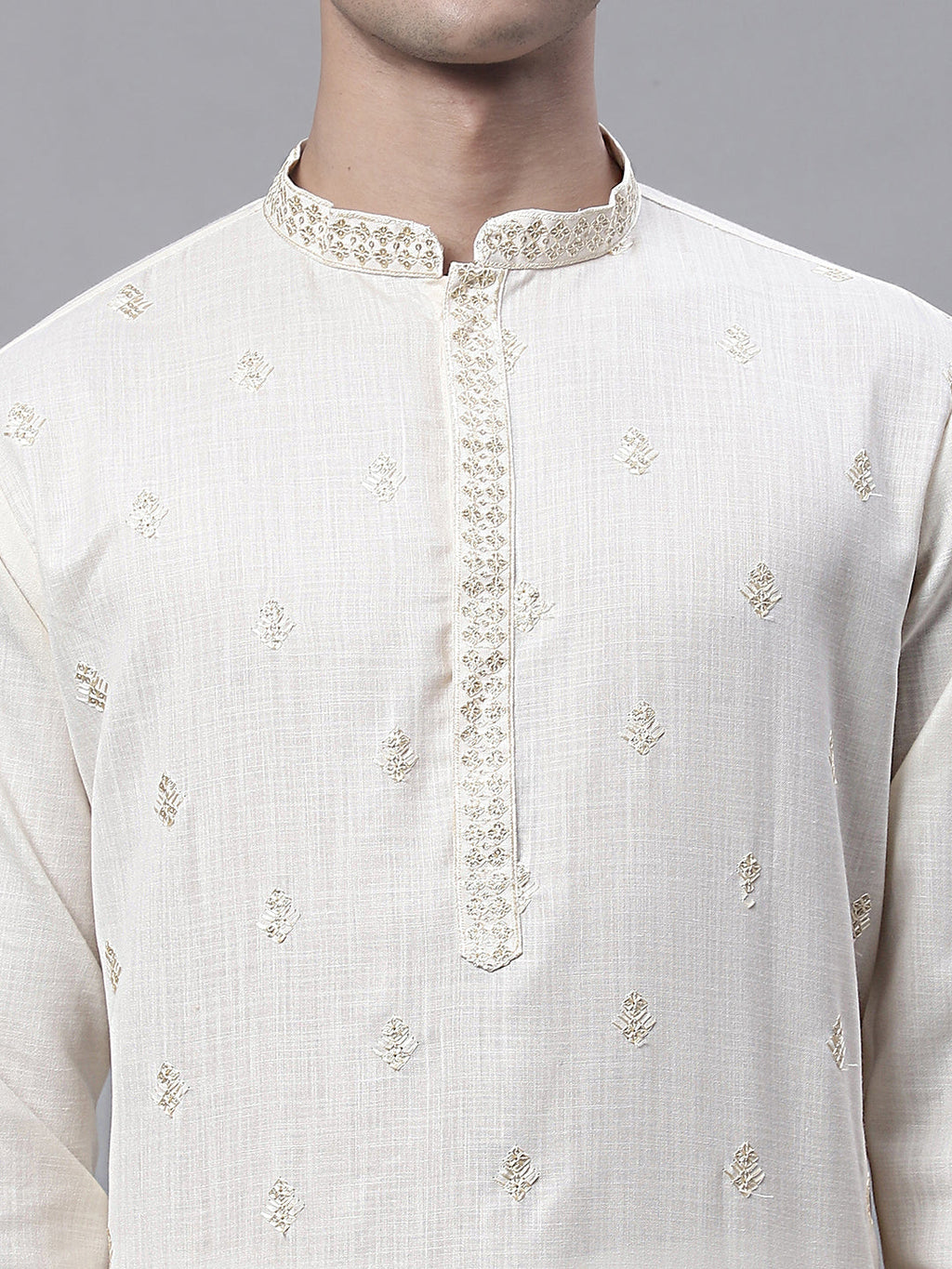 Jompers Men's White Embroidered Straight Kurta