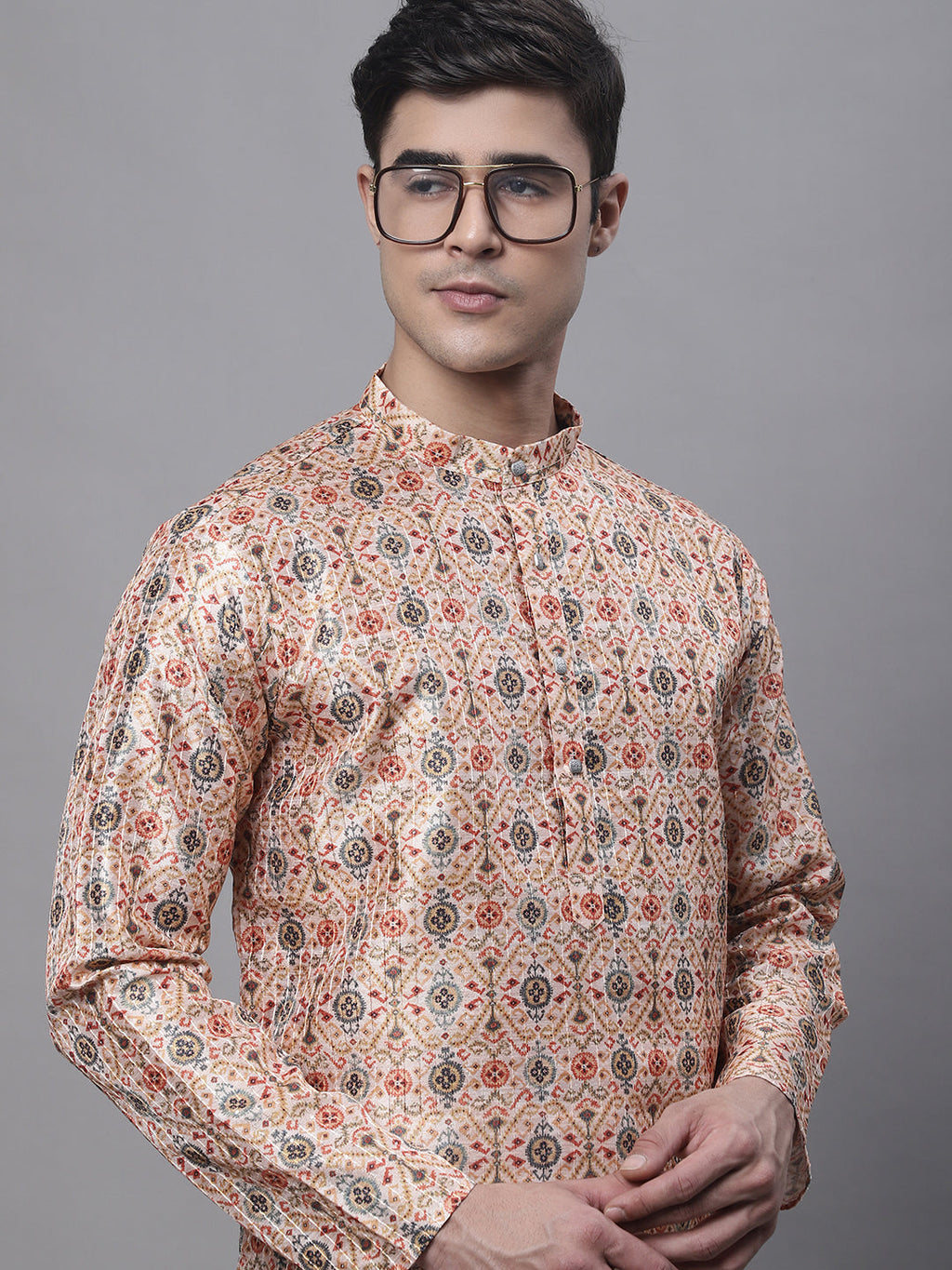 Jompers Men's Peach Digital Printed Kurta