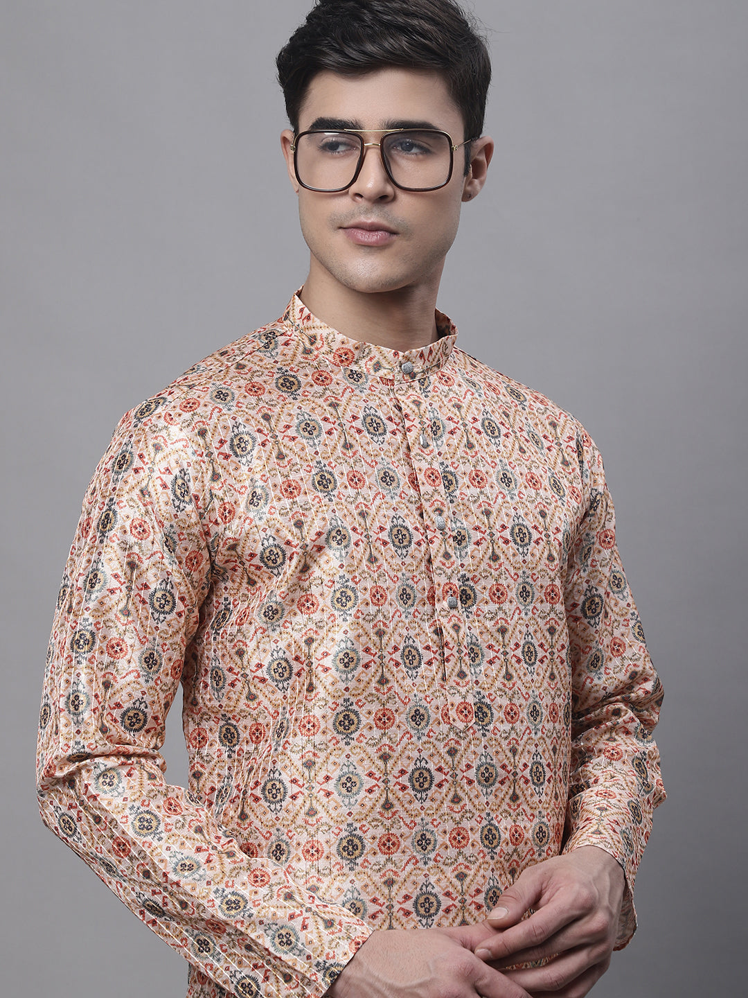 Jompers Men's Peach Digital Printed Kurta