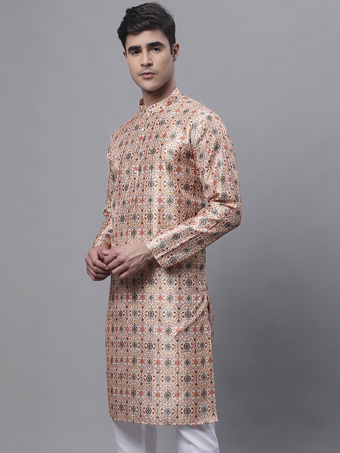 Jompers Men's Peach Digital Printed Kurta