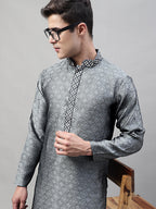 Jompers Men's Grey Jacquard Silk Collar Embroidered Kurta