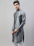 Jompers Men's Grey Jacquard Silk Collar Embroidered Kurta
