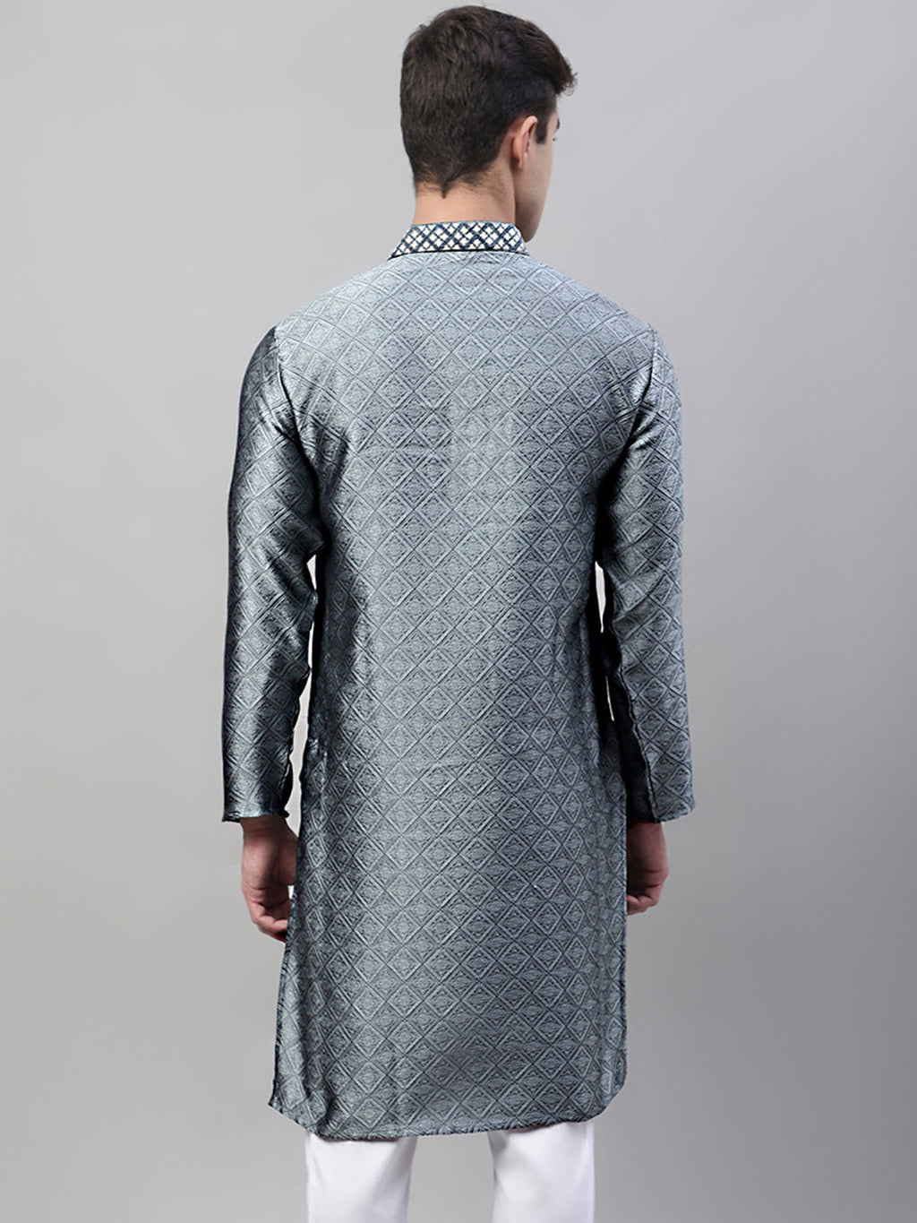 Jompers Men's Grey Jacquard Silk Collar Embroidered Kurta