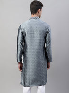 Jompers Men's Grey Jacquard Silk Collar Embroidered Kurta
