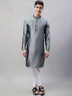 Jompers Men's Grey Jacquard Silk Collar Embroidered Kurta