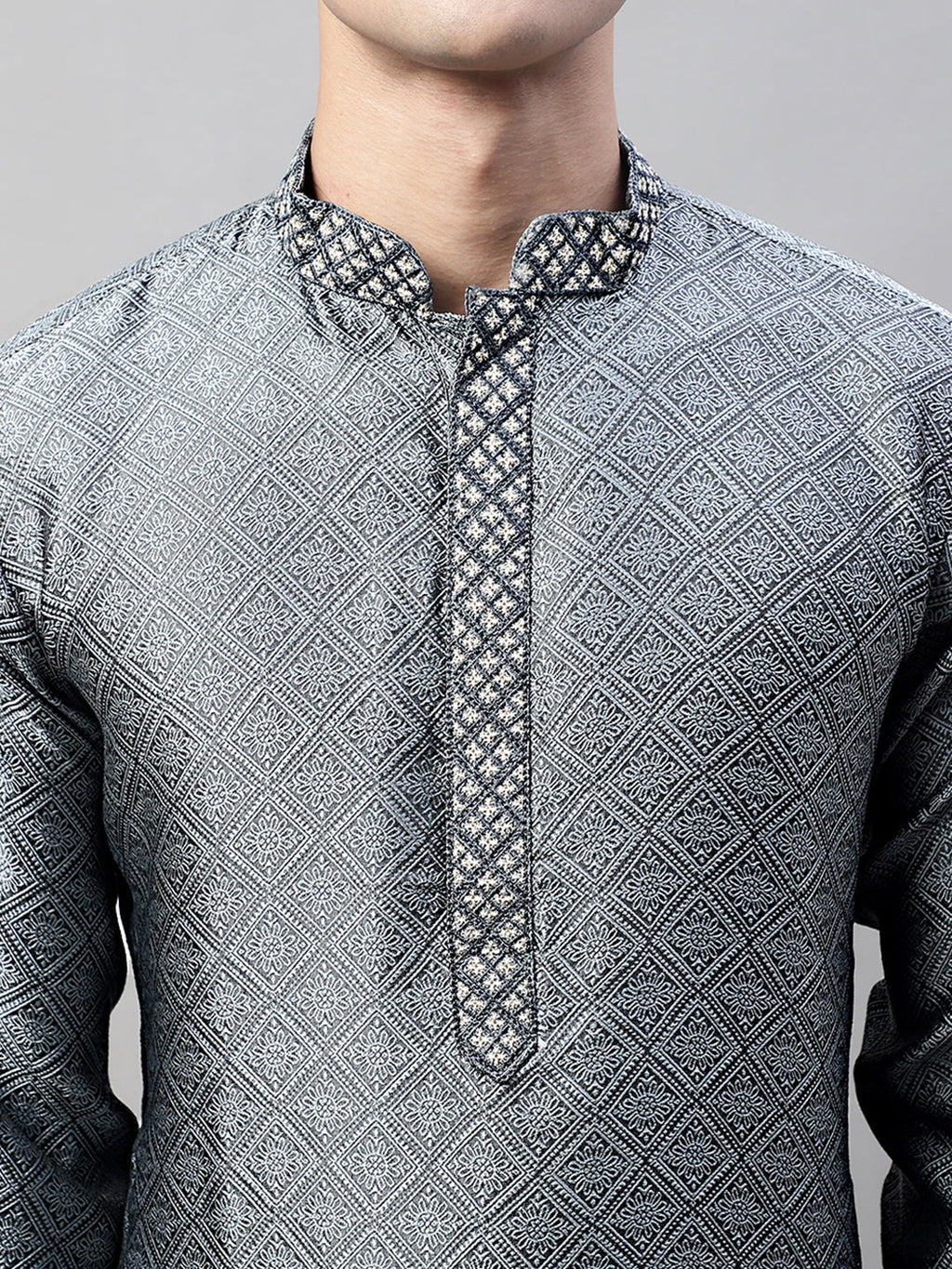 Jompers Men's Grey Jacquard Silk Collar Embroidered Kurta