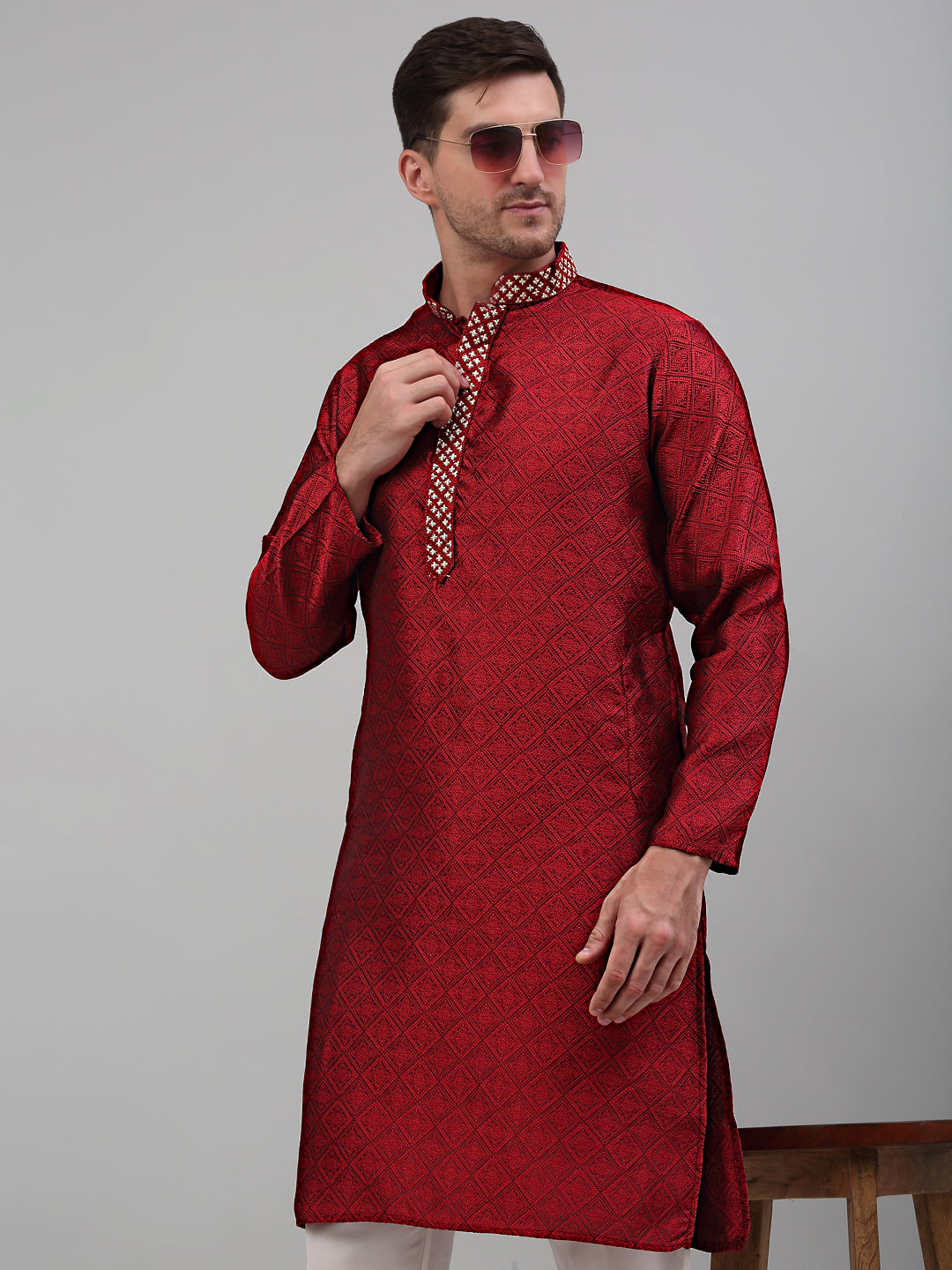 Jompers Men's Maroon Collar Embroidered Kurta Only