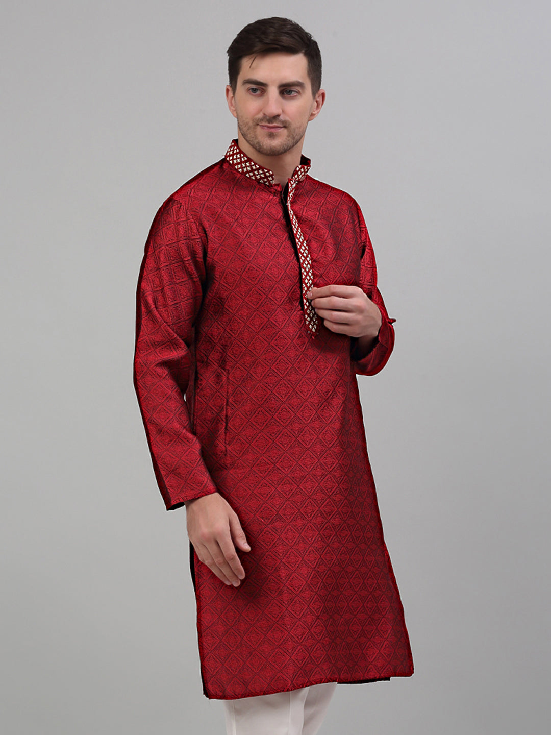 Jompers Men's Maroon Collar Embroidered Kurta Only