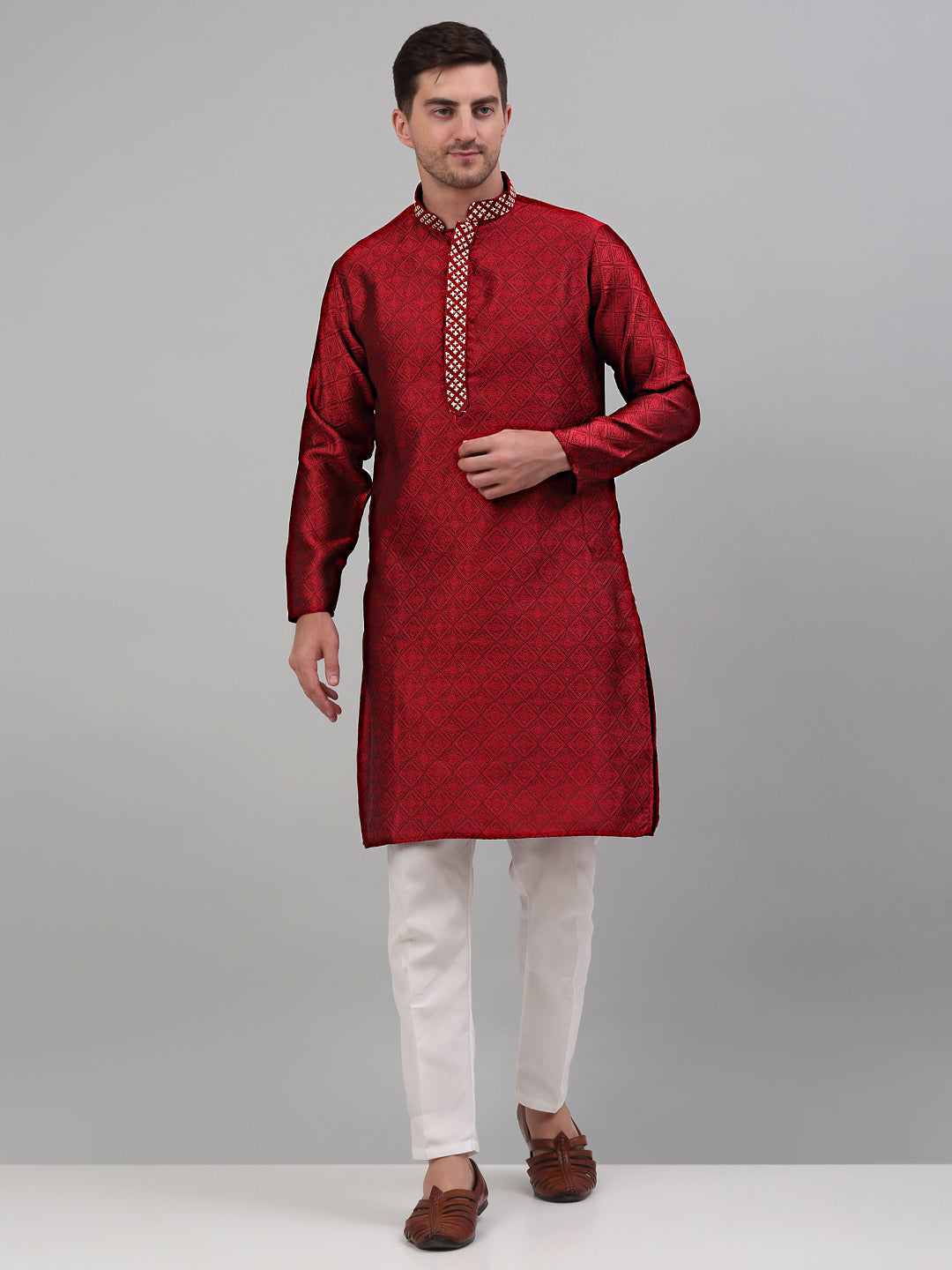 Jompers Men's Maroon Collar Embroidered Kurta Only