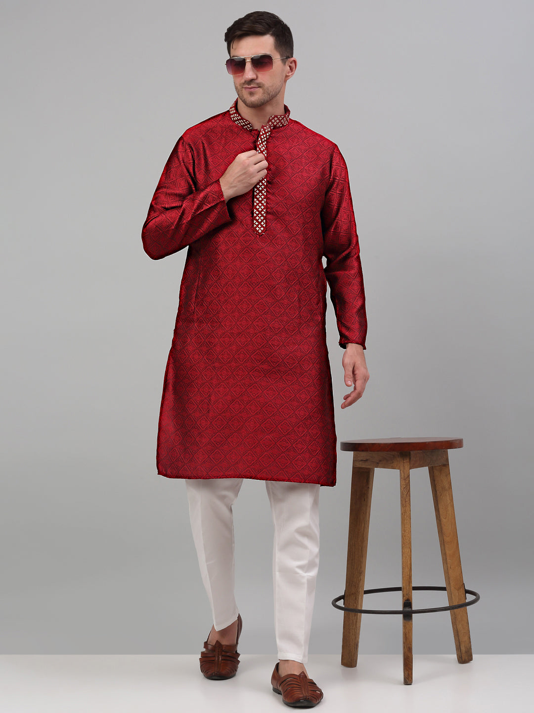 Jompers Men's Maroon Collar Embroidered Kurta Only