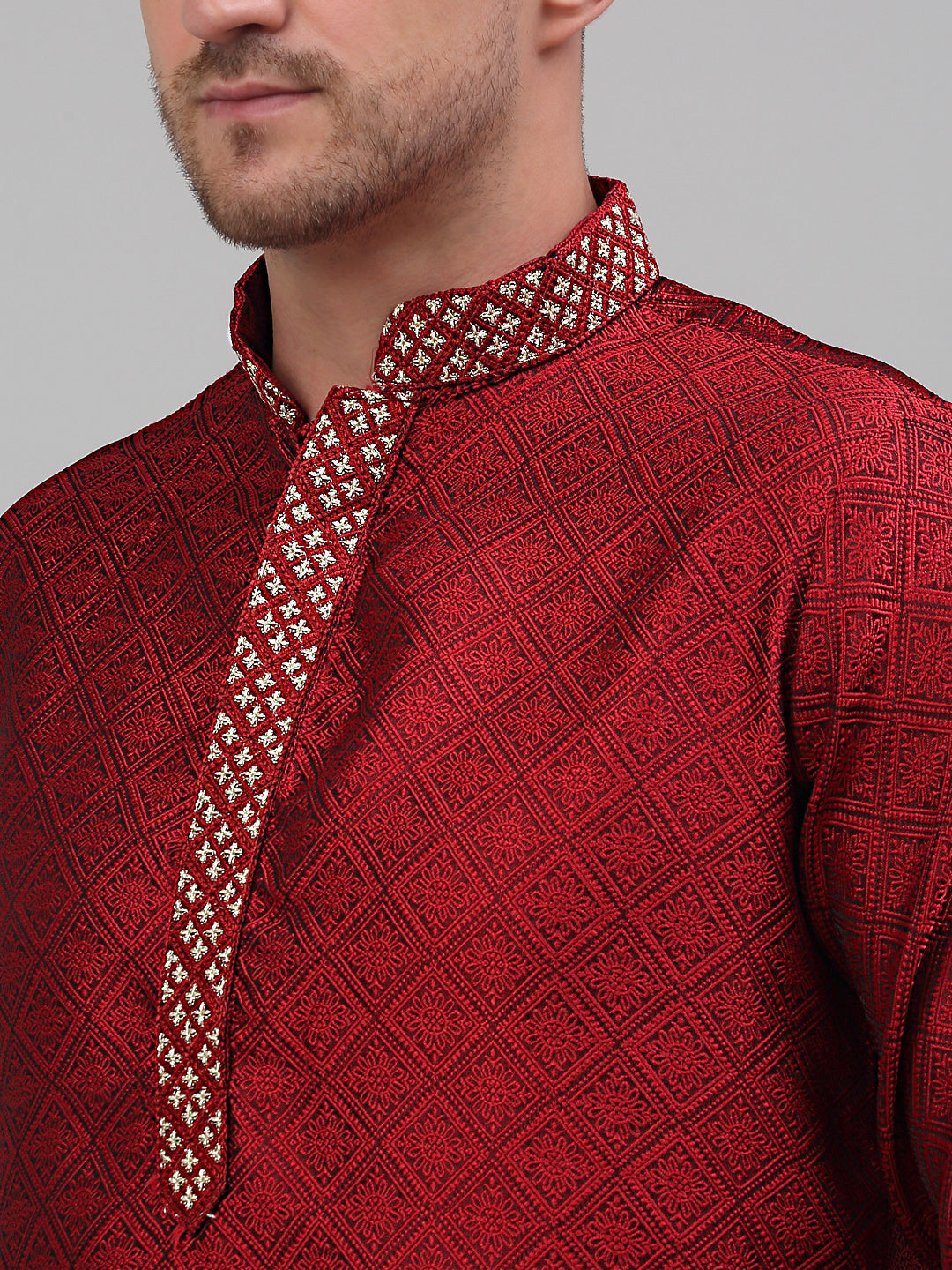 Jompers Men's Maroon Collar Embroidered Kurta Only