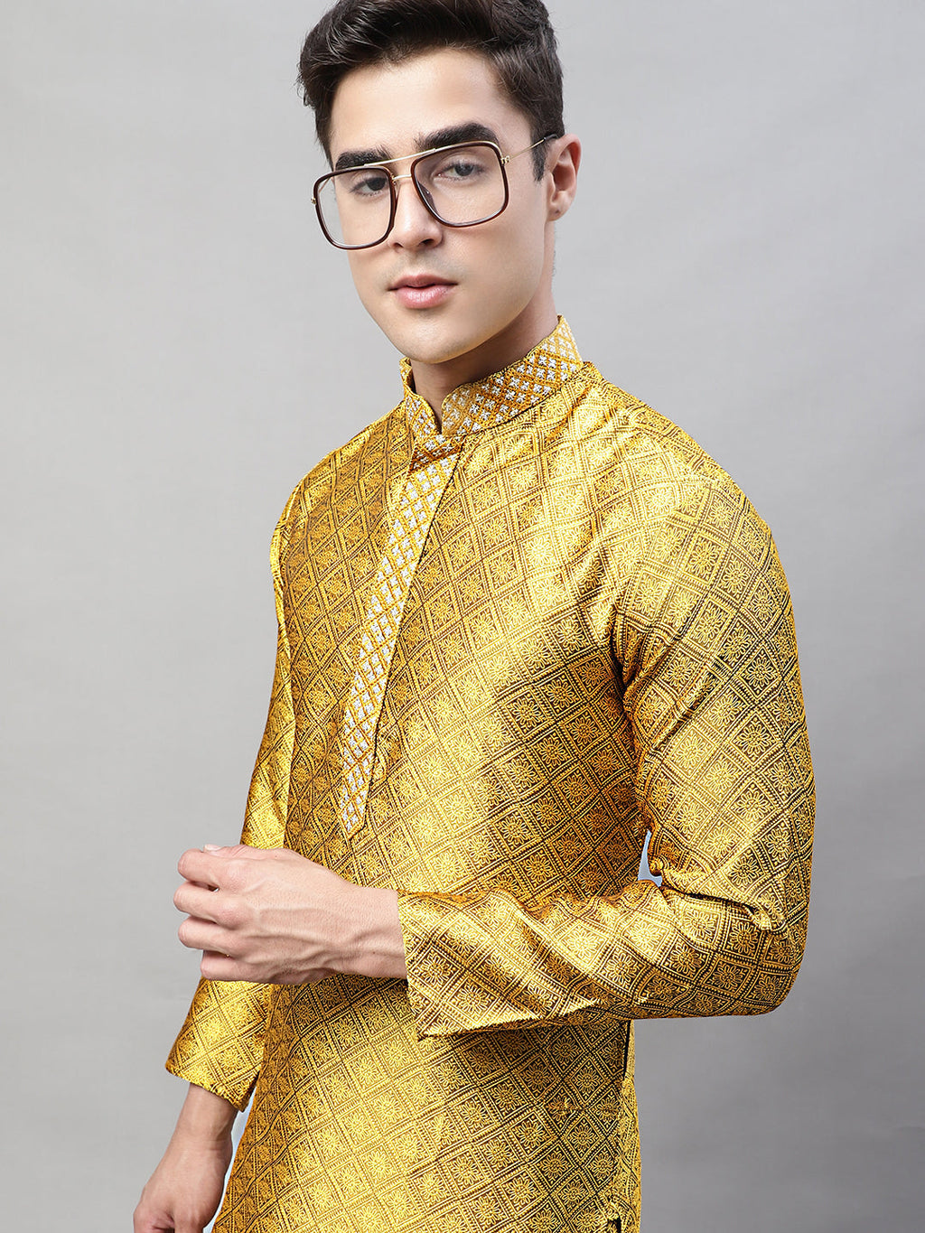 Jompers Men's Mustard Jacquard Silk Collar Embroidered Kurta