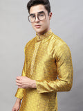 Jompers Men's Mustard Jacquard Silk Collar Embroidered Kurta